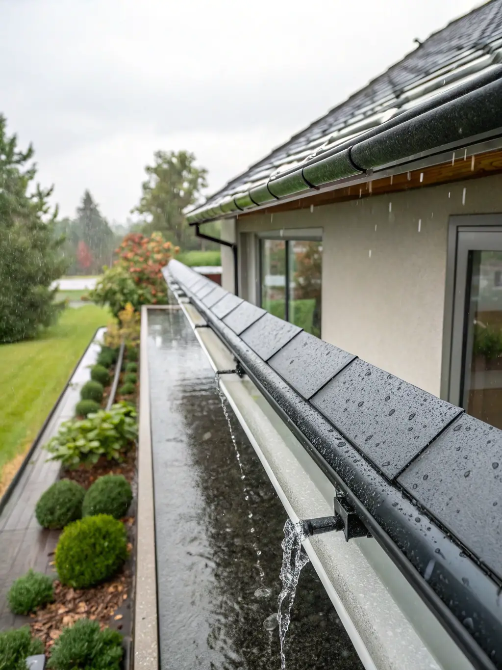 Clean, debris-free gutters with water flowing freely, demonstrating Nite & Day Eterior Wash Corp.'s gutter cleaning service.
