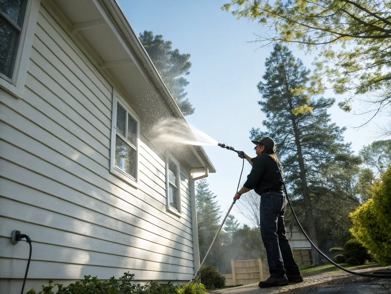 A photo of a Nite & Day Exterior Wash Corp. professional cleaning a house exterior with power washing equipment, showcasing their expertise and attention to detail.