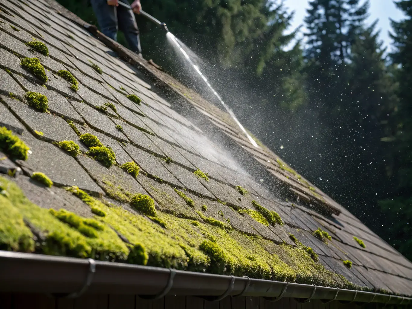 A roof being power washed, removing moss and algae, with a focus on the cleaning process and the equipment used, taken on a cloudy day in Long Island, NY.
